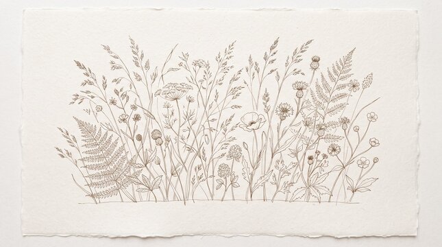 Minimalist line art illustration of wild meadow flowers on textured paper