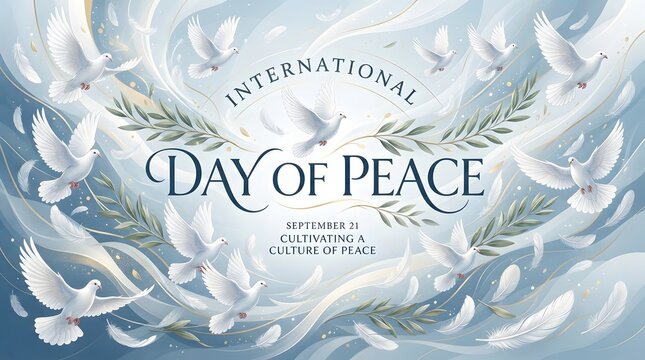 International day of peace poster design with flying white doves and olive branch