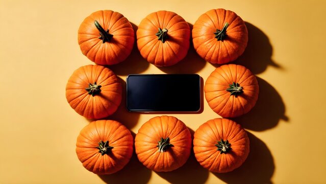 Premium Halloween smartphone advertising photo with eight orange pumpkins arranged in a strict 3x3 grid around a sleek phone on a bright yellow background