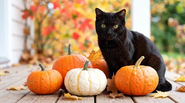 Black cat sitting beside pumpkins on a wooden porch. Feline pet surrounded by autumn leaves and fall foliage. Halloween season concept
