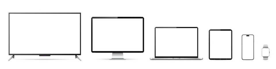 Plakat Realistic smart tv screen, computer monitor, laptop, tablet pc, mobile phone and smartwatch mockup