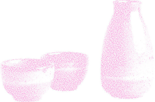 Pink stippled bottles and cups in halftone grunge style on transparent background
