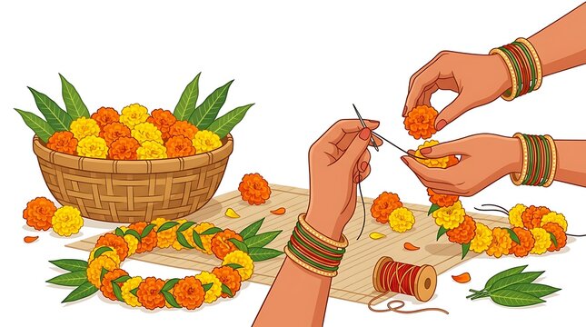 Woman hands making traditional marigold flower garland with needle and thread for indian festival decoration with basket of yellow and orange blossoms on the table