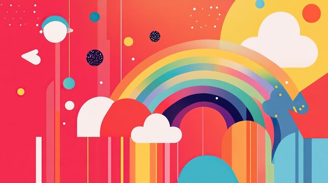 A colorful rainbow arcs gracefully across a bold, vibrant background filled with playful clouds and a shining sun. This design captures a joyful, whimsical atmosphere reminiscent of a sunny day