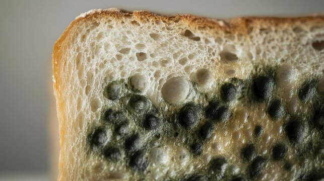 A close-up view of a piece of bread shows intricate patterns and vibrant green mold. This decay unfolds quietly in a kitchen setting, highlighting the passage of time and nature's influence