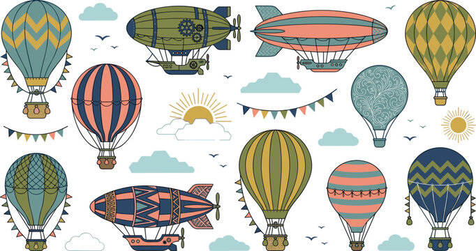 Vintage Hot Air Balloons and Steampunk Blimps Vector Elements Set with Clouds and Sun Icons