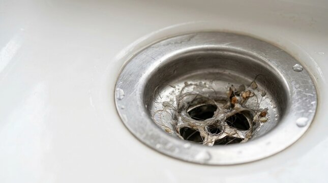 Clogged bathroom sink drain with hair and soap scum buildup requires professional cleaning to restore proper water flow and sanitation