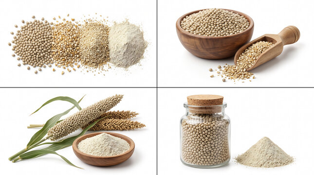 Organic millet grain and flour collection, 4 high quality photos of raw seeds and powder, healthy gluten-free cereal ingredients for cooking