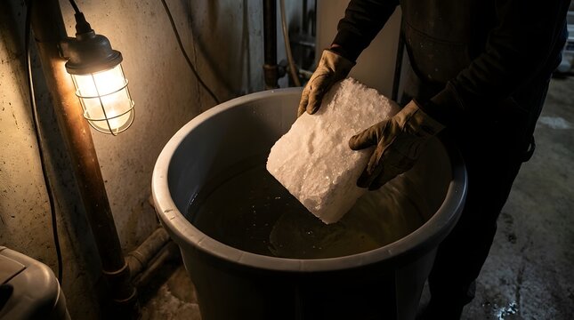 Gloved hands placing a massive ice block into a water barrel inside a dark cellar illuminated by a single lamp.