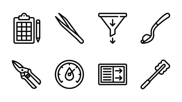 Collection of Scientific Tools and Instruments: An illustration displaying a collection of scientific tools and instruments, including a clipboard, tweezers, funnel, seed sower, pruning shear, gauge.