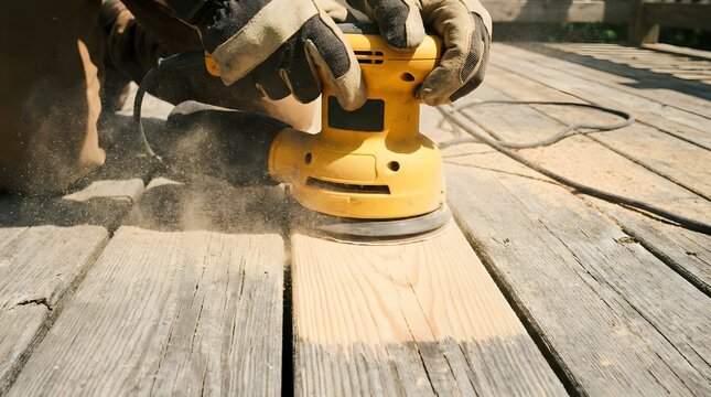 Close-up of gloved hands using a yellow orbital sander on weathered wood deck planks with flying dust sunlight