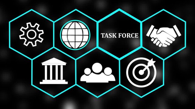 Corporate Hexagon Grid Infographic Animation with Business Icons and Task Force Text