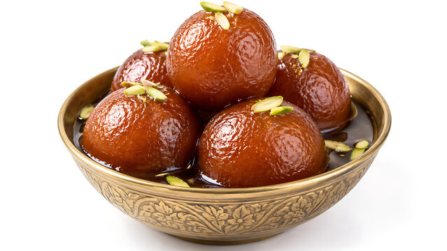 Gulab jamun in a bowl, soft syrup-soaked Indian dessert