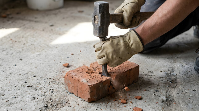 Mason Splitting Red Clay Brick On Concrete Floor With Hammer And Chisel | Close Up Gloved Hands Cutting Red Brick With Chiseling Tool | Construction Worker Breaking Brick For Masonry Work