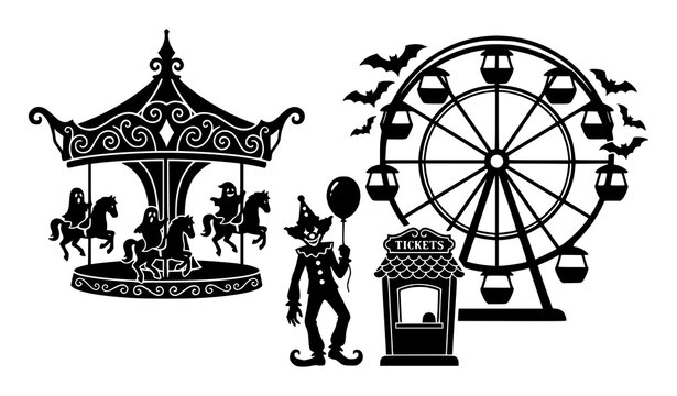 Haunted Halloween amusement park vector elements set with ornate carousel ferris wheel with bats scary clown and ticket kiosk isolated on transparent background