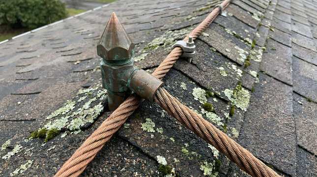 Copper Lightning Rod Air Terminal Installed On Shingle Roof Ridge | Close Up Copper Lightning Protection Cable And Grounding Rod On Roof | Roof Mounted Copper Lightning Conductor Protection System