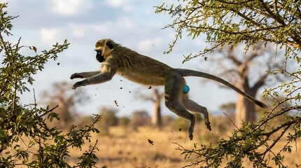 Wild monkey leaping through the air between trees in a dry savanna landscape © SyedIstaqbal