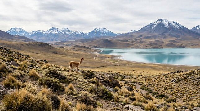 Wild guanaco standing on a grassy hill overlooking a turquoise lake and snow mountains