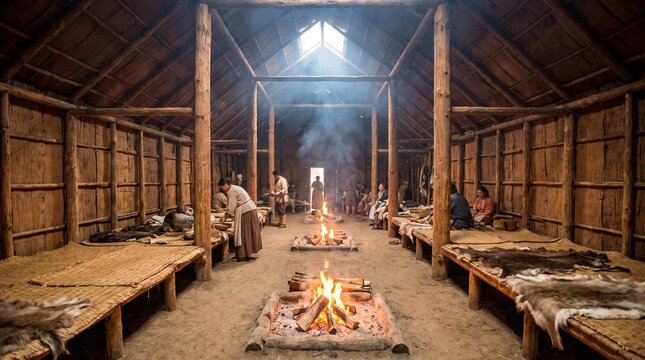 Ancient longhouse interior featuring rustic wooden pillars straw mats and glowing fire pits with people resting inside their historic dwelling