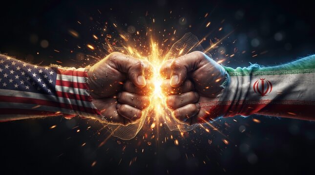 USA vs Iran Clash: Two fists, one emblazoned with the American flag and the other with the Iranian flag, collide with explosive energy.