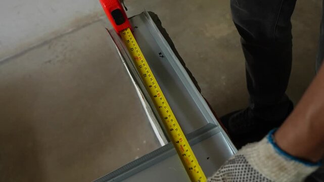 Hands wearing gloves measuring a drywall stud with a tape measure on site