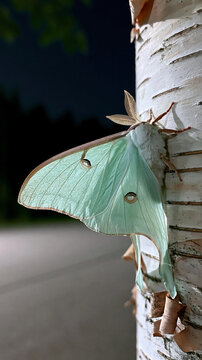Beautiful green luna moth resting on a white birch tree bark in nature, close up wildlife photography of a rare Actias luna insect.