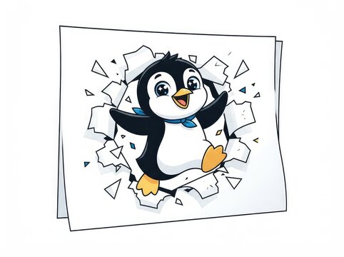 Cute Cartoon Penguin Bursting Through Paper Card Vector Illustration, Concept of Breaking Out of Daily Routine with Joy and Happy Energy