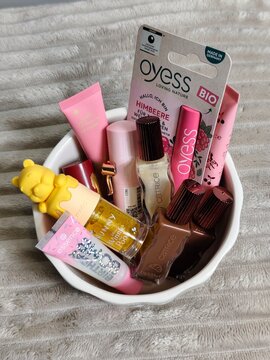 Bowl of lippies, lip glosses, lip balms, lipsticks