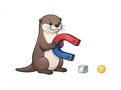 Cute cartoon otter exploring the principles of magnetism and cause and effect by using a red and blue horseshoe magnet on metal objects