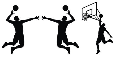 Three black silhouettes of basketball players jumping and dunking a ball near a hoop on a white background © Sabina