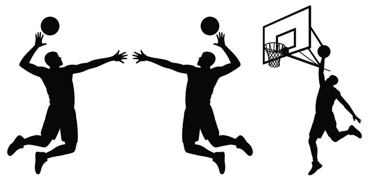 Three black silhouettes of basketball players jumping and dunking a ball near a hoop on a white background