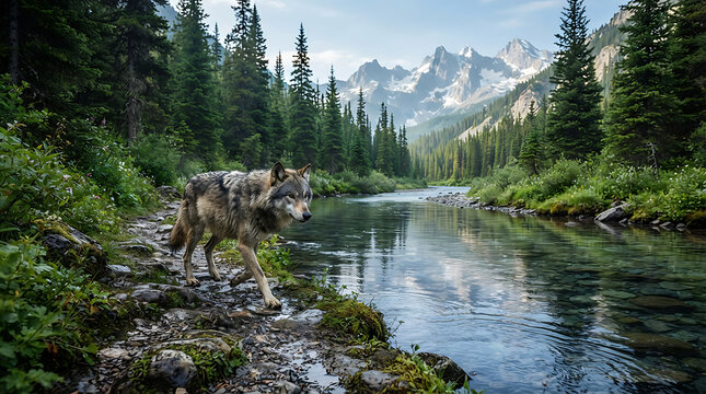 Majestic gray wolf exploring scenic rocky riverbank within lush evergreen forest valley under beautiful mountain peaks.