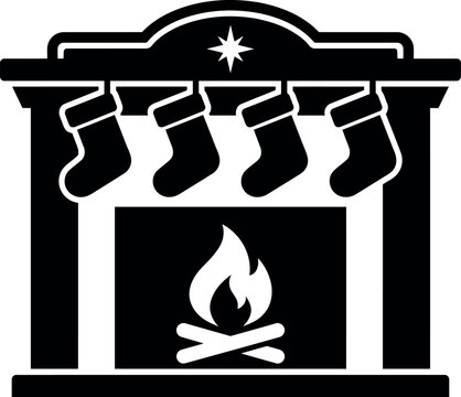 Black and white icon of a christmas fireplace with hanging stockings and a burning fire inside