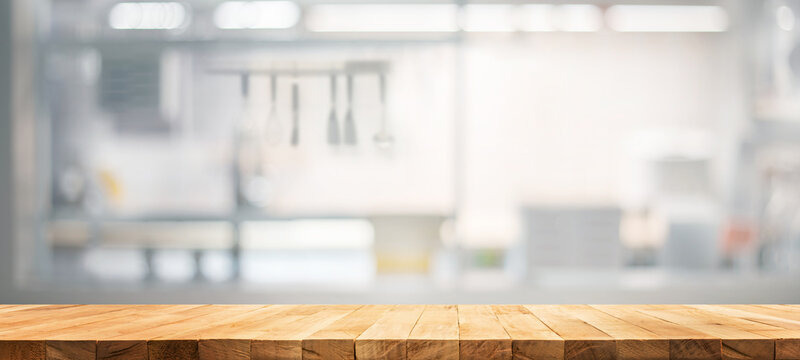 Long banner images.Blank rustic wood counter,table top on blur white kitchen wall background.