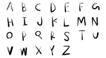 Hand drawn alphabet PNG set. Uppercase A-Z letters, black distressed characters. Rough sketchy grunge handwritten style. For education, graphic design, craft. Isolated transparent object. © PNG KING