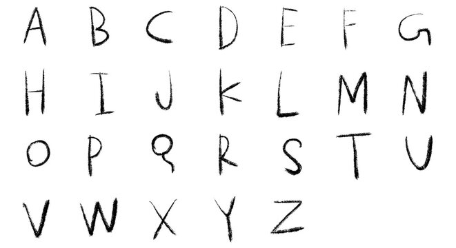 Handwritten alphabet set PNG. Uppercase capital letters A-Z, messy sketch style, rough pencil texture. For education, school, kids crafts. Isolated transparent object.