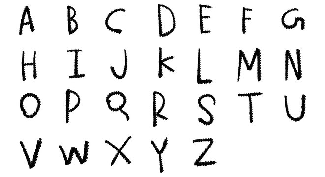 Handwritten alphabet letters set. PNG cutout. A-Z characters. Simple doodle style, naive, educational font for kids school typography. Isolated transparent object.