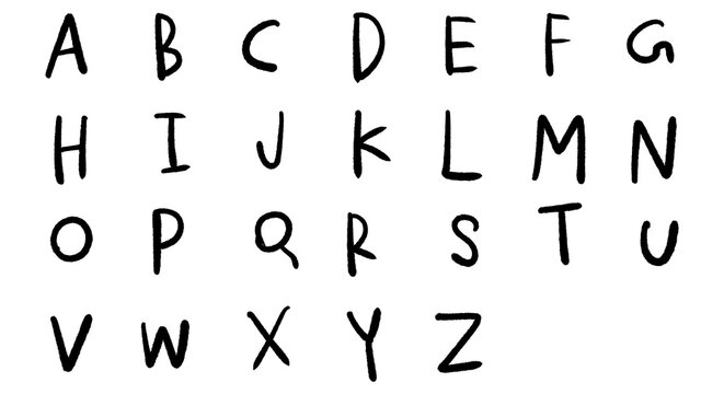 Handwritten doodle alphabet PNG element set. Uppercase letters A-Z, 26 English characters. Childlike messy hand drawn style, educational typography font. For kids learning, school.