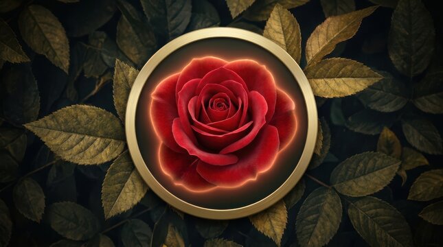 Single red rose inside a golden circular frame surrounded by dark leaves