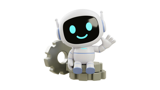 Friendly robot character waving hello while sitting on mechanical gears isolated on a white background illustration