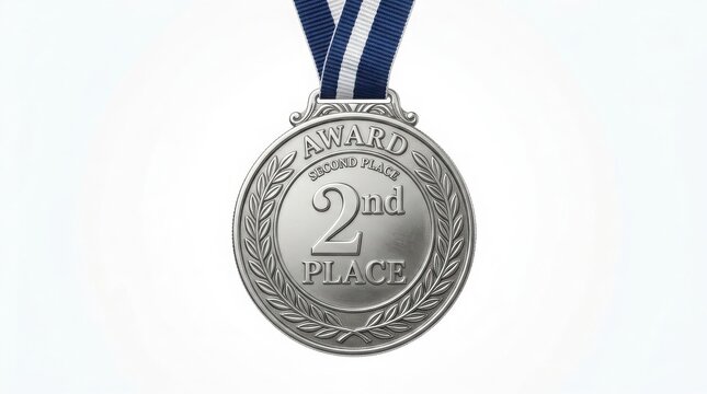 Silver medal with blue and white ribbon featuring second place inscription award medal white background achievement award first runner up competition trophy excellence award winning prize