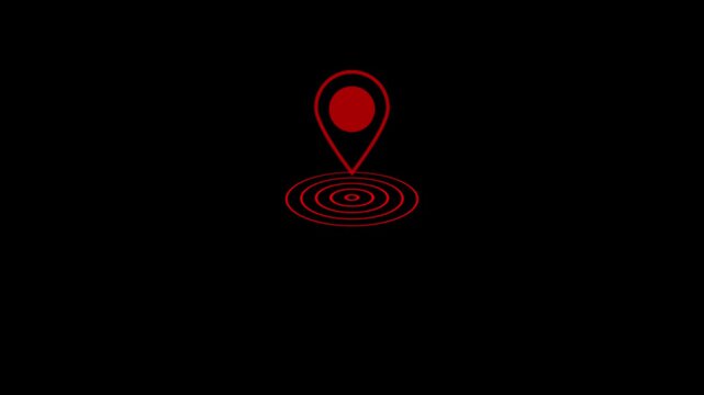 Red location pin with target rings on black background, GP S navigation and geo location concept icon for maps, tracking, address, destination, delivery, positioning and location services