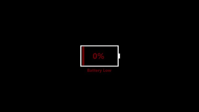 Low battery 0 percent warning icon with red battery indicator and Battery Low text on black background, power shortage alert symbol for smart phone, device charging and energy