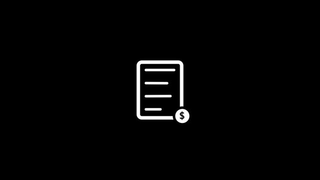 Minimal white document invoice icon with dollar sign on black background, simple finance payment bill symbol for accounting, billing, business, banking, money and financial services