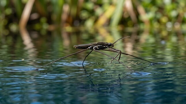 Macro view of a water strider insect walking on the surface of calm water creating circular ripples