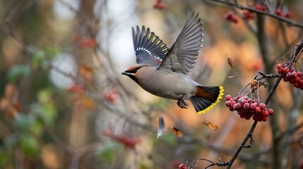 Fototapeta premium Small grey bird with yellow tail tips flying towards red berries in an autumn forest