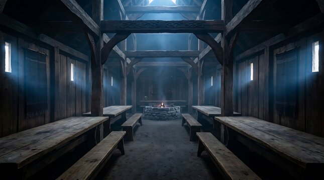 A rustic wooden mead hall interior with a central fire pit evoking the legendary atmosphere of an ancient beowulf epic