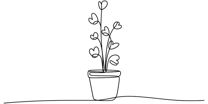 Continuous one line drawing of a potted houseplant with heart shaped leaves Vector, illustration