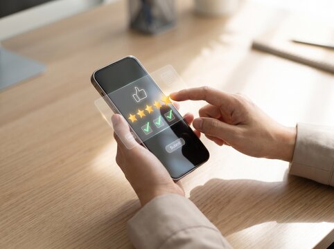 User taps five star rating button on mobile phone with holographic approval checklist menu.