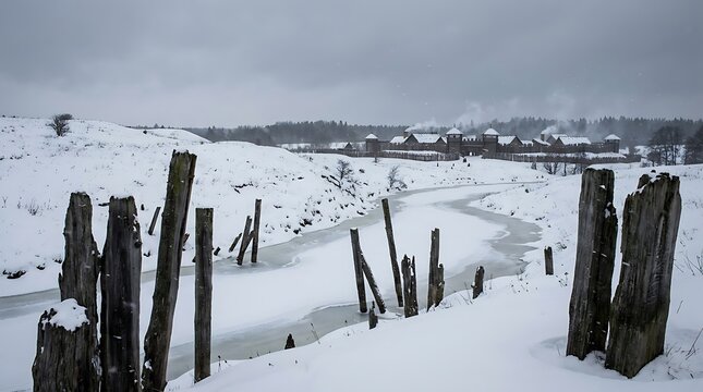 A winter landscape featuring a wooden fortress evocative of a beowulf set piece in a snowy historical settlement field